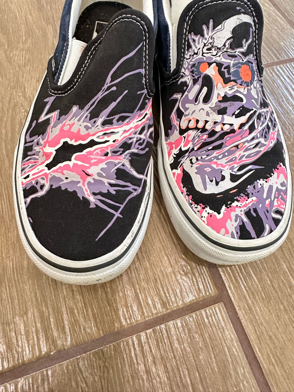 Vans Slip-On Sneakers Black with Pink and Purple Skull Graphic